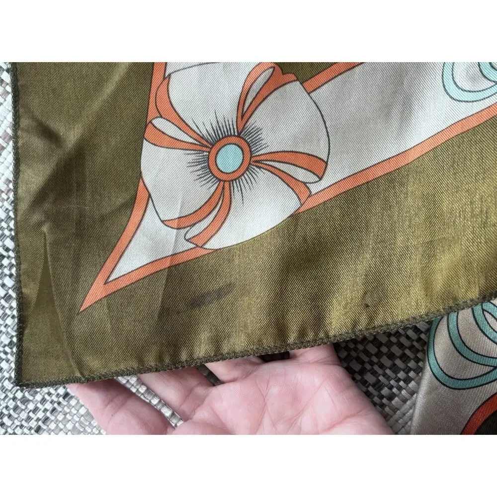 Vintage Equestrian Horse Rider Scarf Olive Green Satin Hermès Style 33” polo